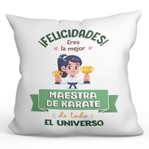 MUGFFINS Cojín 40x40 cm para Maestra DE Karate Mujer Relleno Incluído - En Español - Mejor Universo Trofeo - Regalo Original y Divertido