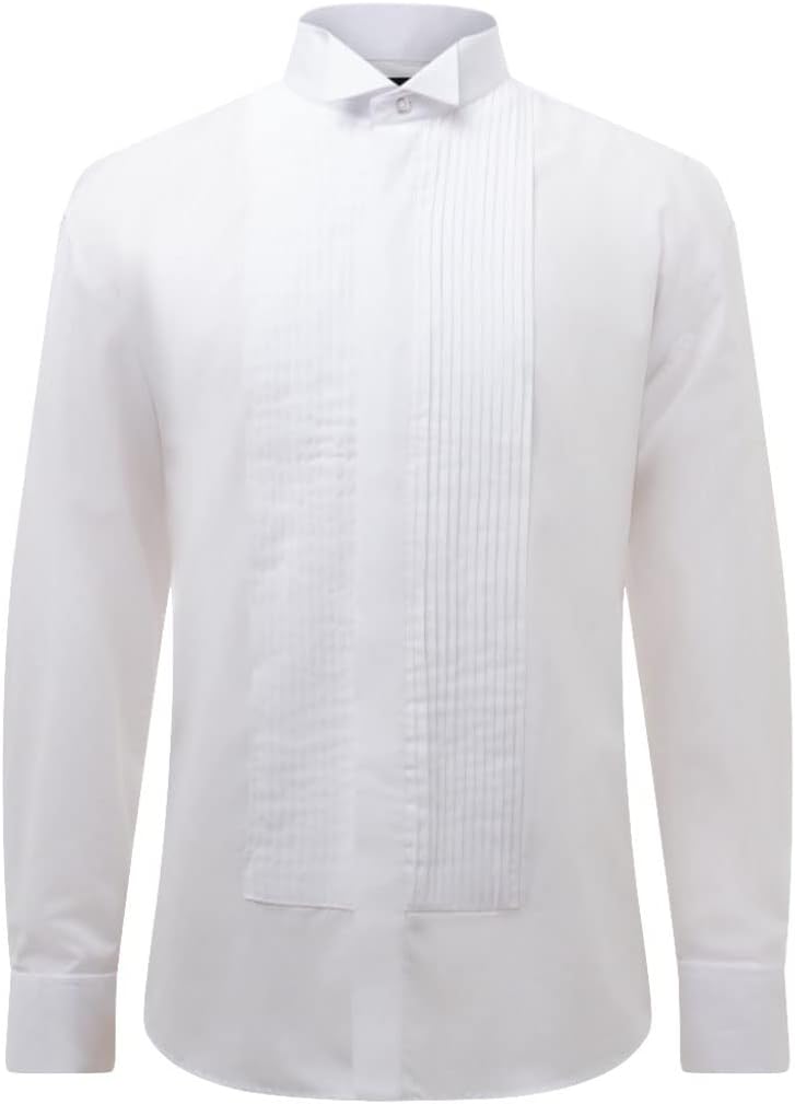 Mens White Tuxedo Dress Shirt Slim Fit Wing Collar Double Cuff Pleated Fly Front