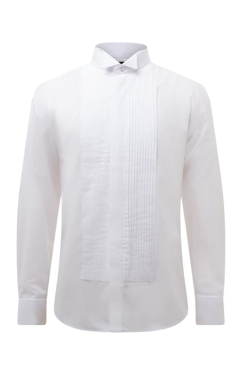 Dobell Mens White Tuxedo Dress Shirt Slim Fit Wing Collar Double Cuff Pleated Fly Front-17.5