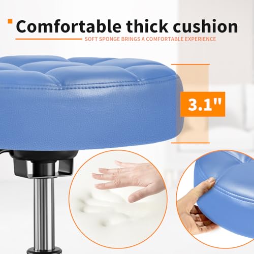 Image of Rolling Stool PU Leather Round - Ultra Soft Padded Seat Cushion Stool with Wheels with Footrest, Weight Capacity 300lb,Adjustable Height Stool for Tattoo Massage Salon Medical Spa Center (Blue)