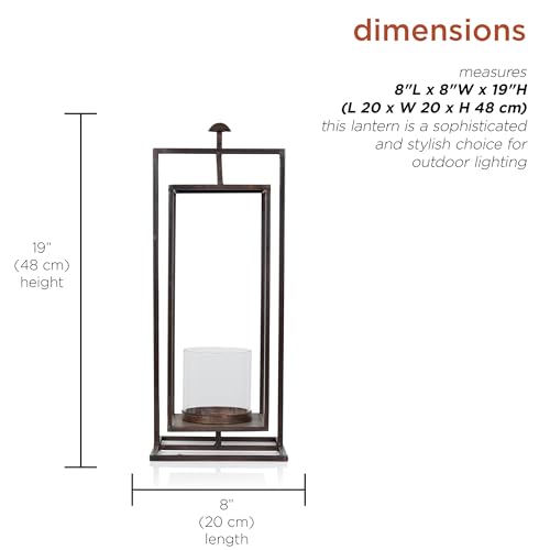 Image of Alpine Corporation 19 inch Small Rectangular Lantern with Glass Candle Holder , Outdoor Lantern for Patio, Porch, or Deck Decor, Bronze