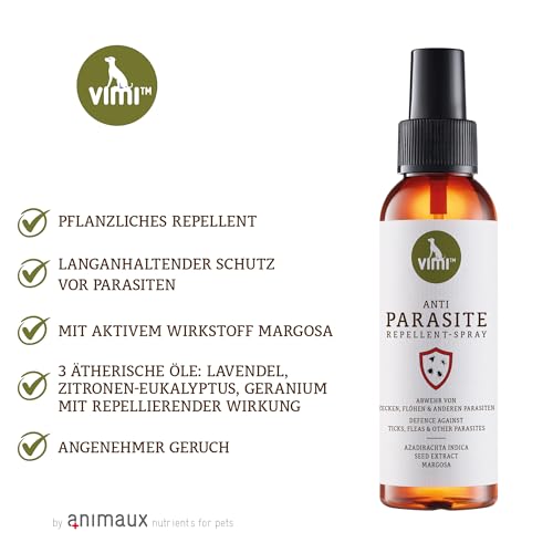 vimi Anti Parasite, natürlicher Zeckenschutz für Hunde, 100 ml, gegen Zecken, Flöhe, Milben & andere Parasiten, bis zu 8 Stunden, mit Neem, Zitronen-Eukalyptus, Lavendel & Geranium