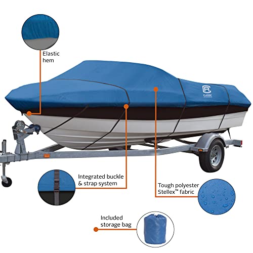 Classic Accessories Stellex Blue All Seasons Boat Cover, Fits Boats 14' - 16' L X 75" W, Trailerable Boat Cover With Polyester Fabric, Model A, Captain Boat Bench Chair Seat Cover, Water-Resistant #TOP3