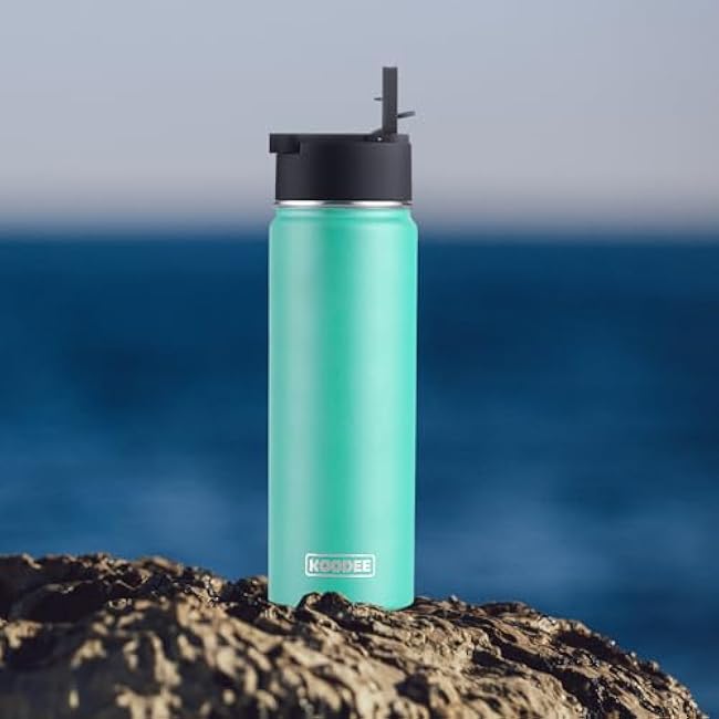 koodee 2 Pack Water Bottle 26 oz Stainless Steel Insulated Water Bottle With Straw Reusable BPA Free,Sports (Fuchsia Red-Teal)