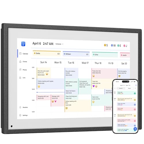15.6-inch ApoloSign Digital Calendar with touchscreen display showing a colorful schedule and tasks, alongside a smartphone displaying synchronized calendar events.