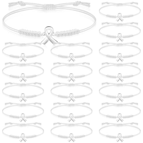 Sasylvia 20 Pcs Lung Cancer Awareness Bracelets Adjustable Cord Stretch White Ribbon Braided Bracelets Inspirational Lung Cancer Gifts for Men Women Jewelry Accessories