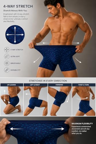 Image of BONO Men Cotton Blend Printed Trunk Combo Anti-Bacterial Moisture Wicking No Marks Stretchable Regular Fit Waistband Underwear Pack of 3 (Darkblue-Multicolor-TurquiseBlue-M)