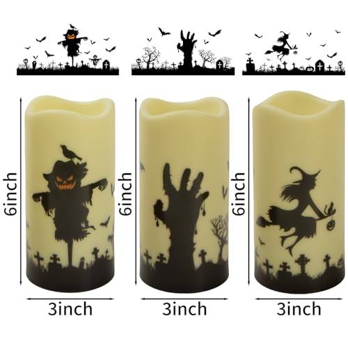 Image of Halloween Battery Operated Pillar Flameless Candles with Timer Remote for Decorations Indoor Set of 3