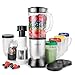 Batidora de base eléctrica 8 en 1 - Batidora personal y batidor con jarra de 1 L, botella grande de jugo de fruta (500 ml), taza de mezcla (300 ml) + 4 tazas con tapas de diferentes colores