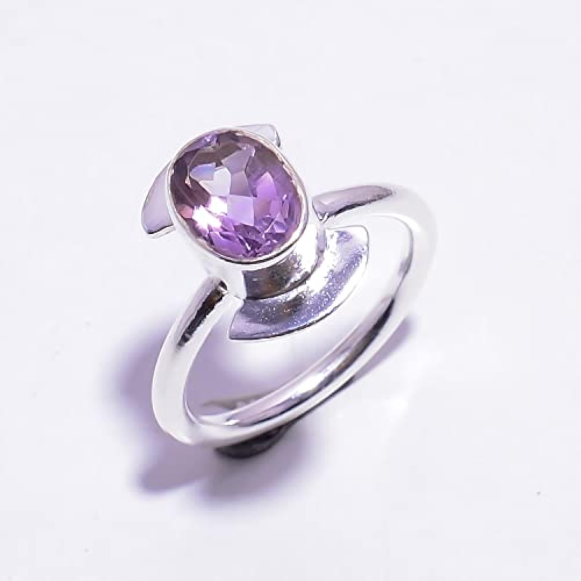 Unisex AAA+ Amethyst Oval Shape Gemstone Ring, 925 Sterling
