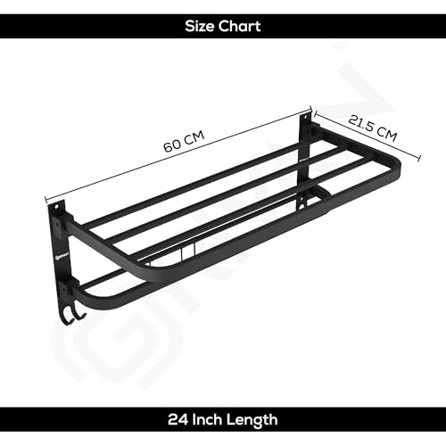 Image of GRIVAN Stainless Steel Towel Rack for Bathroom | Foldable 24 Inch Towel Holder in Bathroom with Hooks | Bathroom Towel Hanger for Wall | Towel Stand Rack for Clothes (Black Matte, Pack of 1)