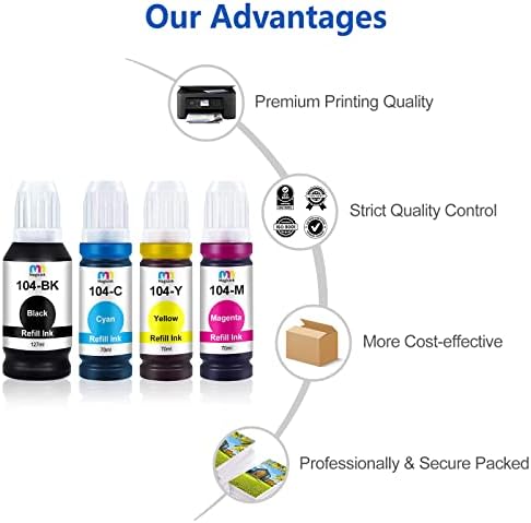 Magisink 102 103 104 Ink Compatible for Epson 104 ink bottle multipack and Epson 102 103 ink for Epson ET-2710 ET-2720 ET-2750 ET-3750 ET-2850 ET-4750 ET-2820 ET-2726 (Black Cyan Magenta Yellow)