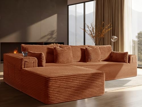 Image of 108 inch Cloud Sectional Couch, Comfort L Shaped Boneless Couch for Living Room, Extra Deep Seats No Assembly, Minimalist Modular Sofa, Corduroy (Deep Orange, 2 Seater+Left Facing Chaise)