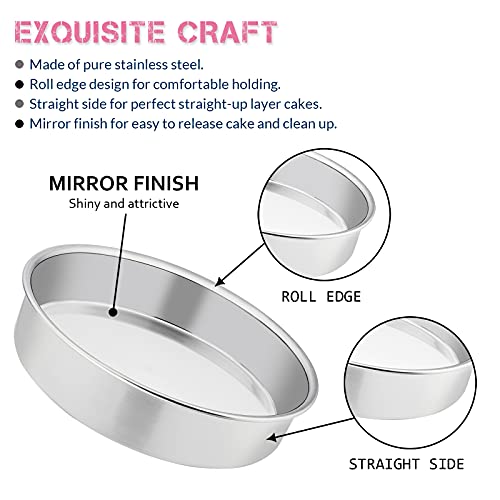 E-far 8 Inch Cake Pan Set of 3, Stainless Steel Round Layer Cake Baking Pans, Non-Toxic & Healthy, Mirror Finish & Dishwasher Safe by E-far - Image 3