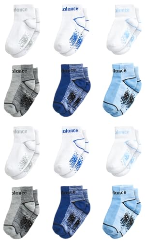 Mejores review On-line Closet precios comprados en linea. 30 New Balance Baby Boys' Socks - 12 Pack Quarter Cut Non-Skid Gripper Socks (Infant/Toddler), Size 2-4T, Grey/White/Blue