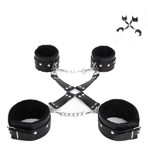 TAUOE Correas de bondage para yoga, dos muñequeras y dos esposas para tobillos, con cadenas de conexión cruzada, interacción privada para parejas y cómodo kit de bondage - negro