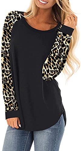 HARHAY Women s Cotton Knitted Long Sleeve Lightweight Tunic Sweatshirt Tops Black Brown Leopard-L