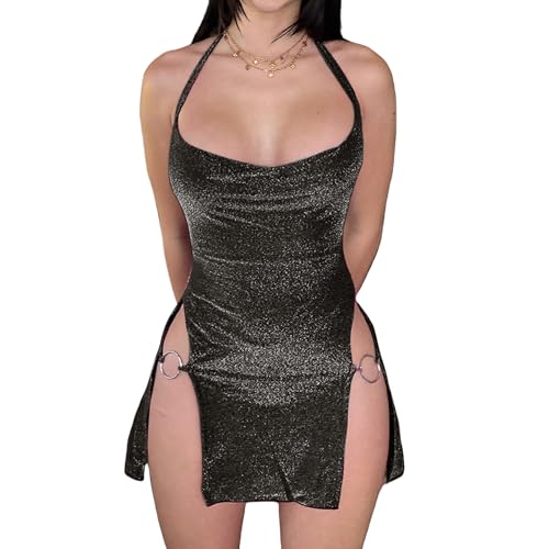 Women's Sexy Glitter Summer Halter Bodycon Dress Crisscross Lace Up Cami Mini Dress Backless Cowl Neck Party Dresses