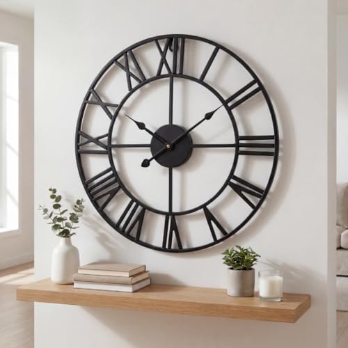 Heaven4you Large Premium Wall Clock Roman Numerals Metal Indoor Big Round Open Face Black for Living Room Kitchen Office – Silent – Ready to Hang with Hook & Instructions for Hands 60cm/23.6inch