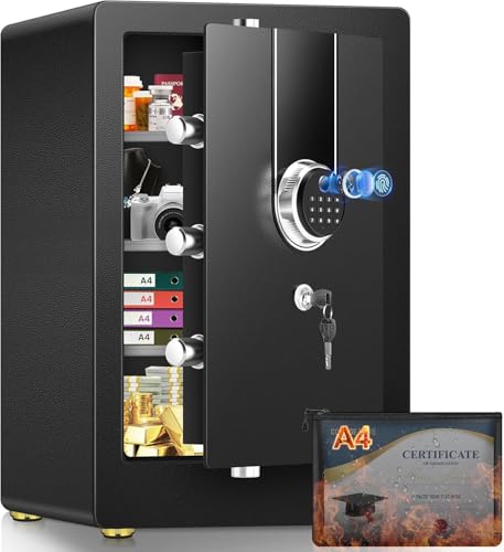 Image of 80L Large Biometric Safe with Fireproof Bag, Home Safes with Fingerprint Lock & Digital Keypad, 3 Removable Shelves and Smart Alarm, Fire Proof Safes for Home Office Hotel, 37 × 30 × 60 cm