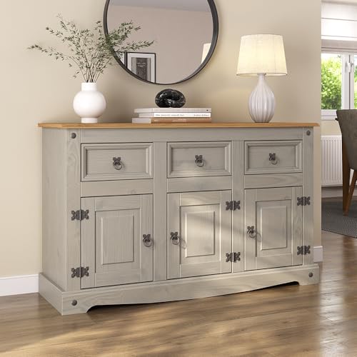Corona Grey Sideboard 3 Door 3 Drawer Cupboard Large Solid Mexican Pine Wooden Cabinet