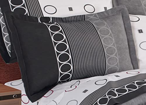 Primor Kyber 3 Piece Bedspread Set With Attached Frill - Bedding Cotton Rich - Modern Black & Grey Design With Circles Stripes Lines Squares - Geometric Pattern (Queen Size) #TOP1
