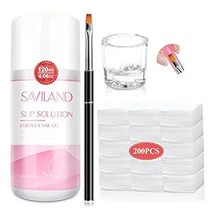 Saviland Slip Solution for Poly Gel Nails 4.06oz Liquid Anti-stick Gel Solution Kit for Beginners with Art Brush and Cup for Home DIY