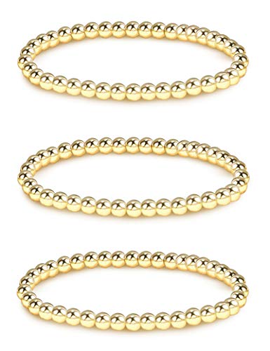 LOYALLOOK Gold Beaded Bracelets for Women 14K Gold Plated 4mm Bead Ball Bracelet Stainless Steel Stackable Stretchable Elastic Bracelet Set