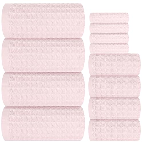 12-Piece Light Pink Waffle Cotton Towel Set