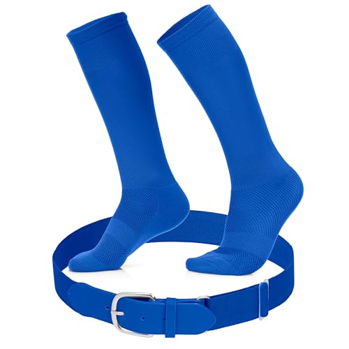 Youth Baseball Socks and Belt Set - Baseball or Softball Socks and Adjustable Belt (Large Royal Blue)