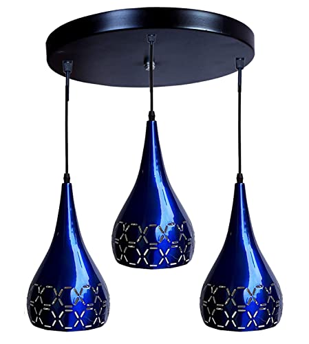 Image of GreyWings 3 Light Hanging Light for Home, Blue Aluminium Pendant Light with E27 Holder, Modern Ceiling Hanging Lamp for, Bulb Not Included, Cluster Set