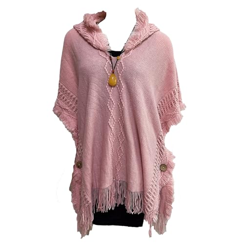 Women's Warm Shawl Wrap Cape Poncho Hollow Out Pullover Fringed Hem Cape Winter Poncho Cardigan Sweaters (Medium,Pink)