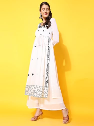 Image of PH POSHAKHUB Women A-Line Nyra Cut Kurta with Sharara in Georgette with Aari Work