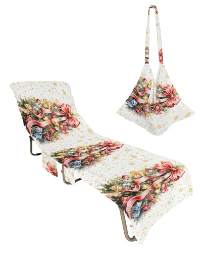 Red Bow-Knot Christmas Beach Lounge Chair Towel Cover, Soft Chaise Lounge Towel with Side Pockets Patio Pool Chairs Cover for Beach/Pool Sunbathing 29x85 Xmas Tree Winter Snowflake