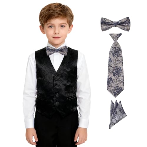 Lycody Boys Black Vest Size 12, Kids Paisley Wedding Suit Vest Set Ring Bearer Outfit, Big Boys Jacquard Waistcoat for Homecoming