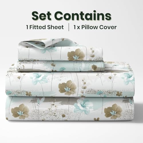 Image of LORETO - A QUALITY LINEN BRAND 210 TC 100% Pure Cotton Single Fitted Bedsheet with 1 Pillow Cover for 78 x 36 Inch Mattress, All-Around Elastic, 8 Inch Deep Pocket, Light Green & Beige