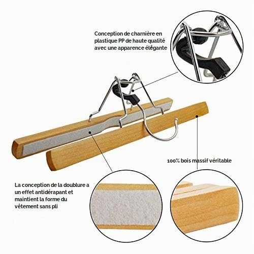 Lot de 8 cintres en bois sans bois avec clip rotatif antirouille pour pantalons, jupes et pantalons Finition