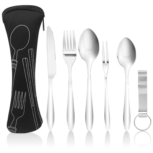 Fousenuk 6 Piezas Cubiertos Camping Set, Juego de Cubiertos Acero Inoxidable con Cuchillos, Tenedores, Bolsa de Almacenamiento, Cubiertos para Llevar al Trabajo, para Exterior, Picnic, Viajes