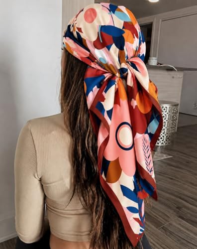 Image of Silk Like Head Scarf for Women Stylish Bandanas for Women Vintage Hair Scarf Wrap and Sleeping, Boho Floral Print Square Bandana Gift