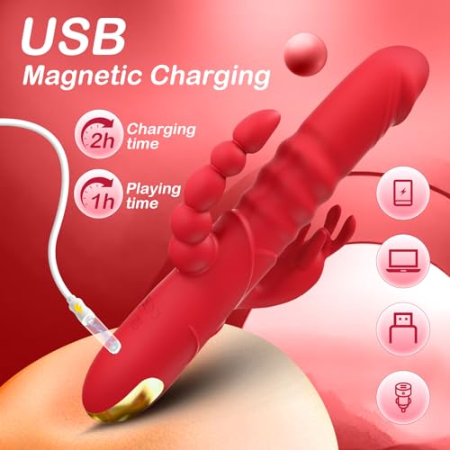 Image of SUPOLA Thrusting Rabbit G Spot Dildo, 4 in 1 Sex Toys for Women, Red | 3 Thrust & 10 Vibration Modes with Anal Clitoral Stimulation, 4 Powerful Motors, Soft Silicone, Waterproof, USB Rechargeable