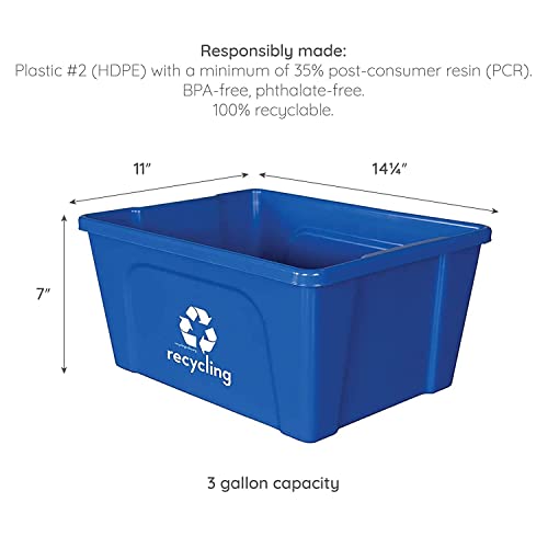 Recycling Rules Low-Profile 3 Gallon Deskside Recycling Bin Container, Perfect For Office Paper And Home Recycling, Eco-Friendly Bpa-Free, In Blue, 4-Pack #TOP4