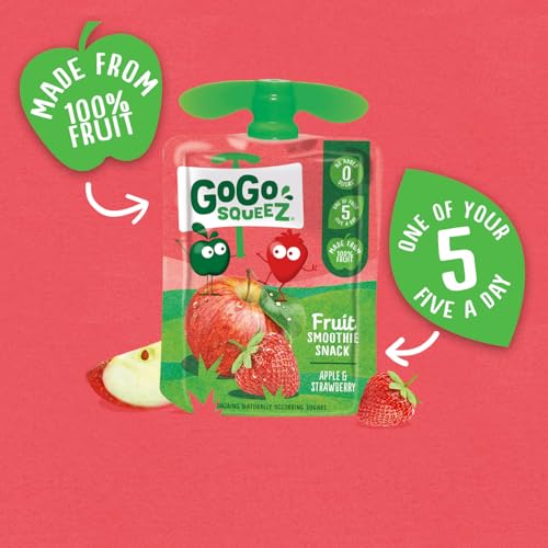 GoGo squeeZ Fruit Smoothie Snack, Apple Strawberry,100% Real Fruit Blend, 20 x 90g Pouches, Snack for Kids & Adults, Gluten-Free, Vegan, No Added Sugar, School Lunchbox Friendly, On-the-Go Snacking