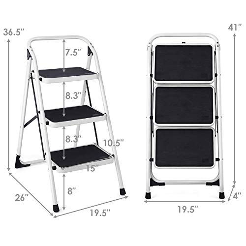 Goplus 3 Step Ladder, Folding Heavy Duty Step Stool Lightweight Steel Ladder with Handgrip and Wide Anti-Slip Platform for Kitchen Shop, 340lbs Capacity (Black)