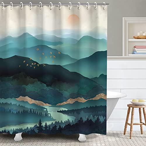RosieLily Mountain Shower Curtain, Teal for Bathroom, Cool Nature Hooks, Watercolor Misty Forest Sun Sunset Landscape, 72Wx72H Inch