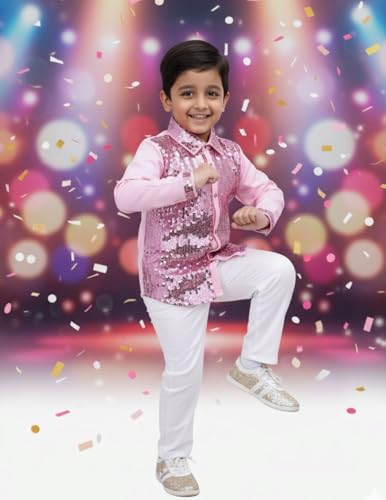 Image of BookMyCostume Pink Sequin Shirt & White Shiny Pants Western Dance Costume for Boys | Full Sleeve Outfit | Annual Day Dance Dresses & Fancy Dress Theme Costume | 8-10 Years