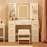 Vanity Desk with Mirror, Stool, Touch LED Light and Power Outlet Makeup Vanity Table with 7 Drawers and 6 Storage Shelves Dressing Table for Bedroom Dressing Room, White