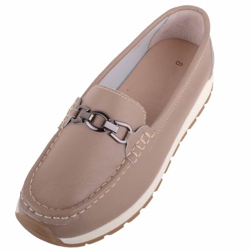 ABSOLUTE FOOTWEAR Womens Genuine Smooth Leather Easy Slip On Loafer Shoes with Chunky Sole - Latte - UK 5 / EU 38