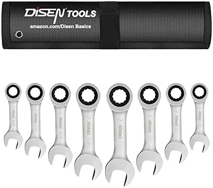 DISEN 8Pcs Stubby Ratcheting Combination Wrench Set,Standard & Stubby, SAE/Metric,12 Point, 72 Teeth Box End and Open End Wrench Set, Premium CR-V Steel, with Inch Size 5/16"-3/4"