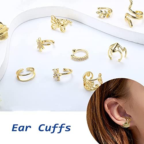 Kakonia 10 Pairs Cuff Earrings for Women Non Piercing Clip on Cartilage Earrings Gold Plated CZ Ear Cuff Earrings Snake Frog Butterfly Fake Earrings Set