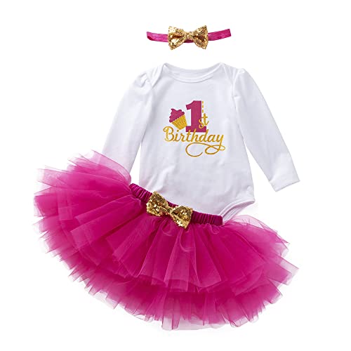 UUAISSO Bébé Fille Mon 1er Anniversaire Barboteuse À Manches Longues Tutu Robes Avec Bandeau Tenues Pour Bébé Manches longues Rose rouge1 12 mois